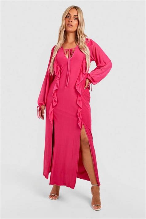 Plus Mesh Ruffle Tie Detail Maxi Dress Boohoo Uk