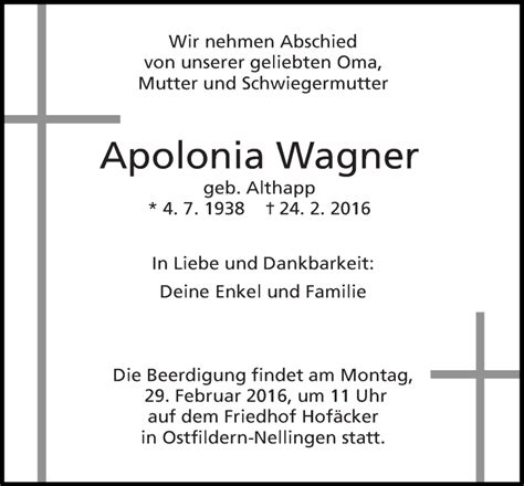 Traueranzeigen Von Apolonia Wagner Zeit Des Gedenkens De