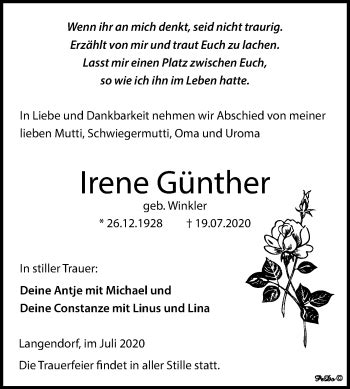 Traueranzeigen von Irene Günther abschied nehmen de