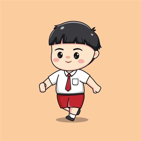 Indonesian Student Elementary School Walking Cute Kawaii Boy Character