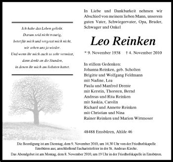 Traueranzeigen Von Leo Reinken Noz Trauerportal