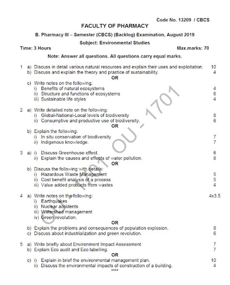 Osmania University B Pharmacy III Semester CBCS Backlog Subject