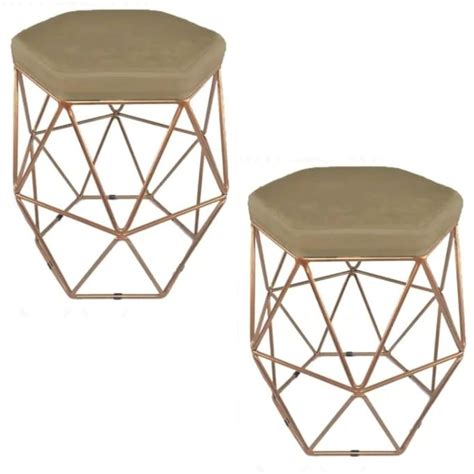 Kit 02 Puffs Decorativos Aramados Hexagonais Zahav Estofados Bronze Nude MadeiraMadeira