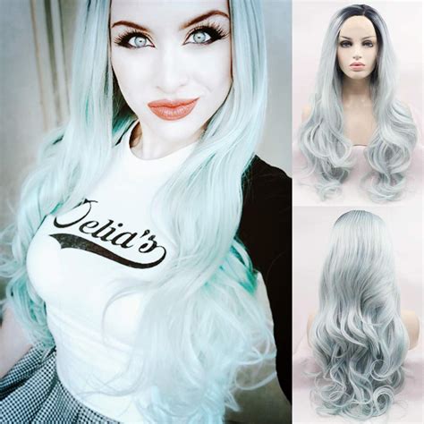 Ombre Blue Wig Long Wavy Synthetic Lace Front Wigs For