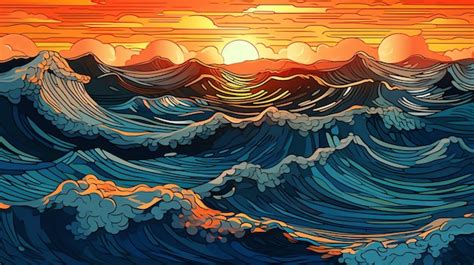 Premium AI Image | Hand drawn illustration of beautiful sea waves at sunset