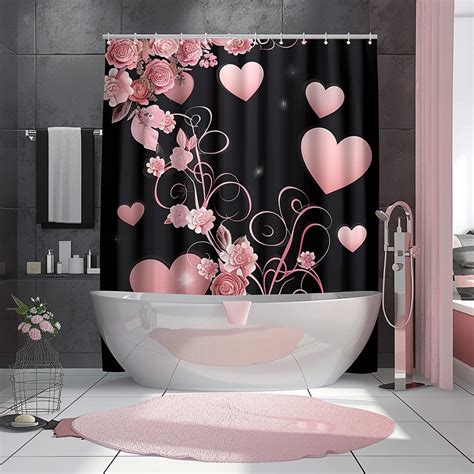 Romantic Valentines Day Bathroom Decor Set Pink Hearts Roses Lace Pattern And Ribbon Design