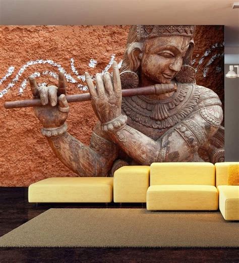 Buy Brown Non Wooven Paper 3D Lord Krishna With His Fluet Mural