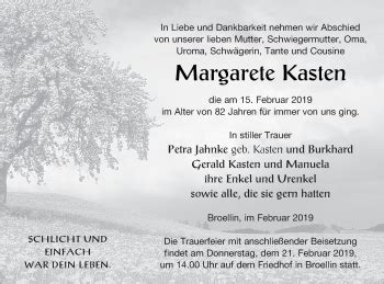 Traueranzeigen Von Margarete Kasten Trauer Nordkurier