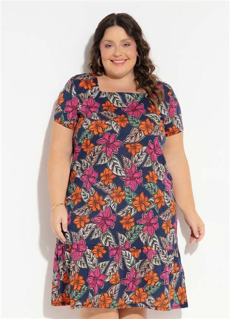 Vestido Floral Azul De Decote Quadrado Plus Size Marguerite