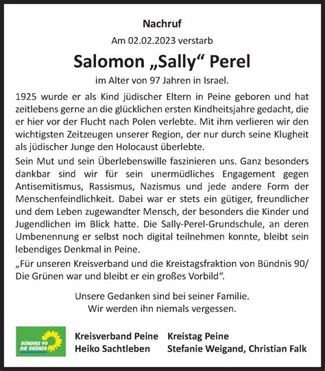 Traueranzeigen Von Salomon Perel Trauer De