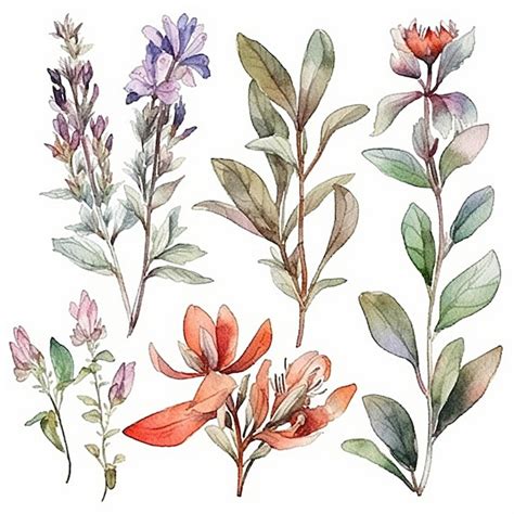 Premium AI Image Collection Of Watercolor Autumn Sage Leaves And Flowers