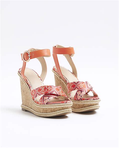 Orange Floral Crossed Wedge Sandals River Island