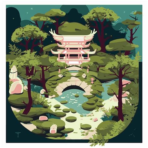 Um desenho de um templo japonês em uma floresta uma ponte no meio