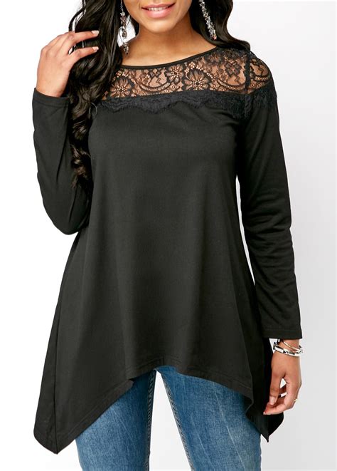 Black Asymmetric Hem Lace Panel Long Sleeve Blouse