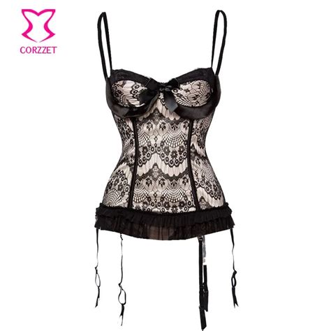 Beige Satinandblack Floral Lace Corset Overbust With Straps Push Up Corsets And Bustiers Sexy