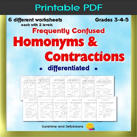 Homonyms And Contractions Differentiated 6 Practice Worksheets