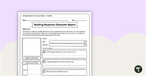 Reading Response Character Report Template Teach Starter