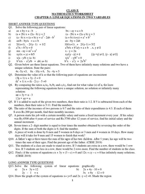 Mathematics Worksheet On Linear Equations In Two Variables Pdf Worksheets Library