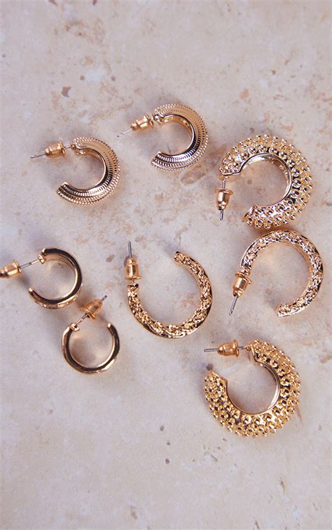 Gold Multi Textured Small Hoop Multipack Earring Prettylittlething Usa