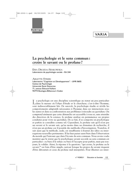 La Psychologie Et Le Sens Commun Croire Le Savant Ou Le Profane