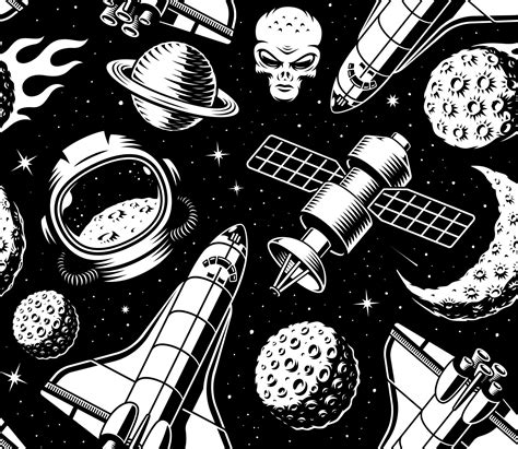 Black and white space seamless pattern in vintage style 17067889 Vector ...