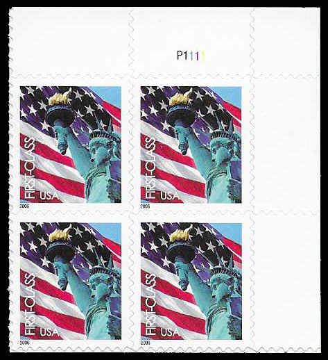 PCBstamps US 3978 PB 1 56 4x 39c Flag Statue Of Liberty P1111 MNH