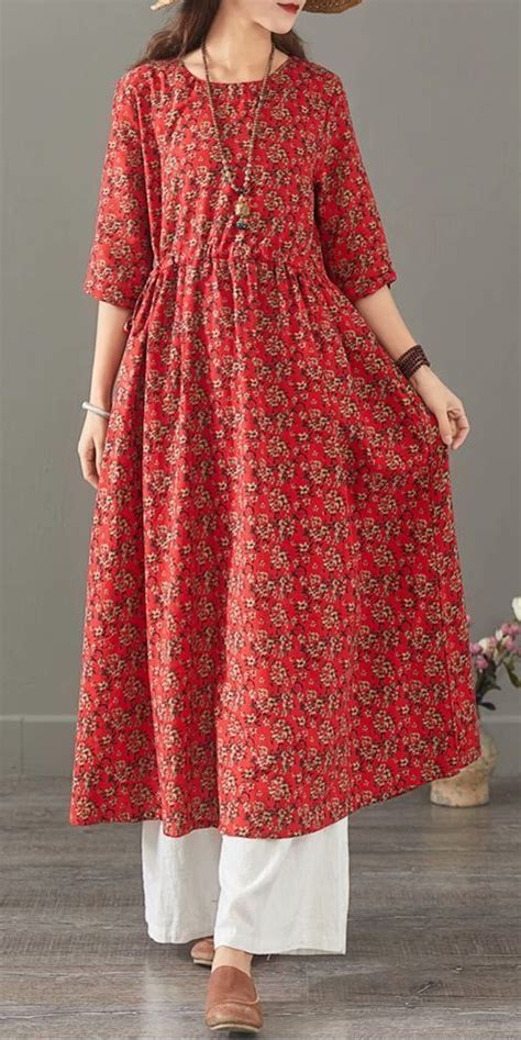 Vintage Floral Cotton Linen Maxi Dresses Women Loose Clothes