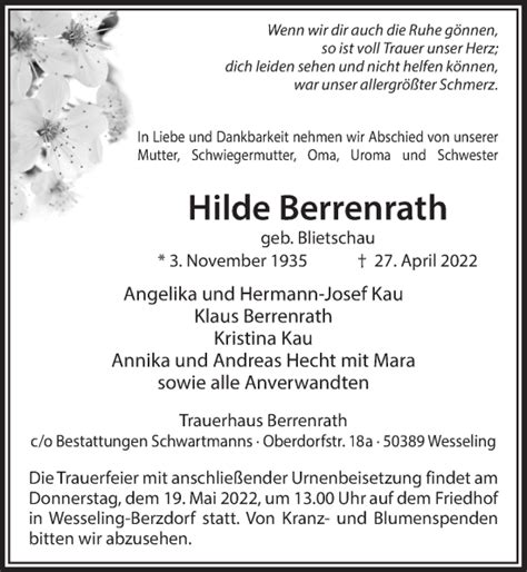 Traueranzeigen Von Hilde Berrenrath Wirtrauern