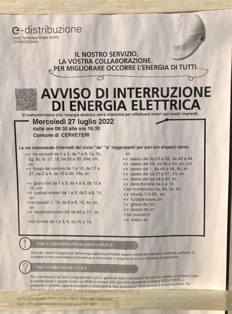 Cerveteri oggi interruzione di energia elettrica in alcune vie della città