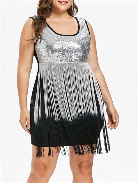 [29 Off] Plus Size Sequins Trim Fringed Dress Rosegal