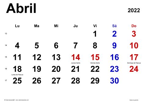 Calendario Abril En Word Excel Y Pdf Calendarpedia