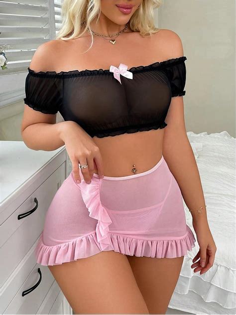 Soly Hux Sexy Lingerie Set For Women Sheer Mesh Off Shoulder Bra Panty Ruffle Skirts Piece