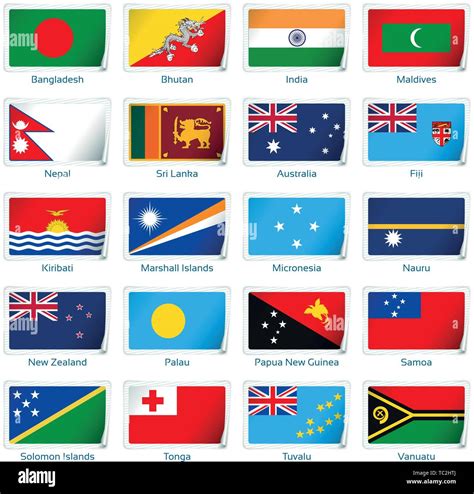 Sticker flags South Asia and Oceania. Vector illustration. 3 layers ...