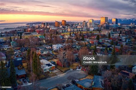 aerial view   sunset sky  downtown anchorage alaska stock