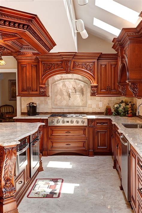 Classic Hand Carving Kitchen With Custom Island Ceiling And Patina