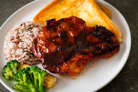 Barbecue Pork Steak with Rice Berry Stock Image - Image of baked ...