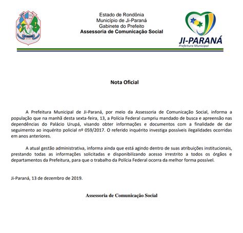 Nota Oficial Prefeitura Municipal De Ji Paran Vipfesta