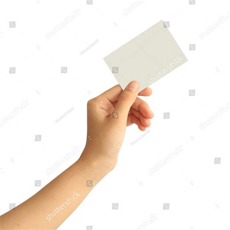 Woman Hand Holding Blank Paper Business Card Isolated On White