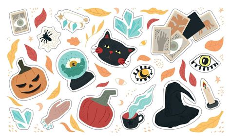 Big Set Of Cute Halloween Stickers Black Cat Eyes Witch Hat