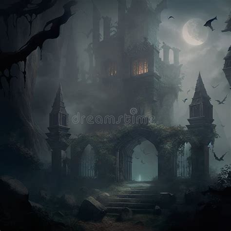 The Surroundings Of A Gloomy Gothic Castle In The Fog Stock