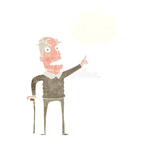 Cartoon Old Man With Walking Stick With Thought Bubble Stock