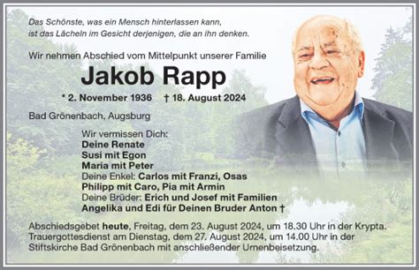 Traueranzeigen Von Jakob Rapp Augsburger Allgemeine Zeitung