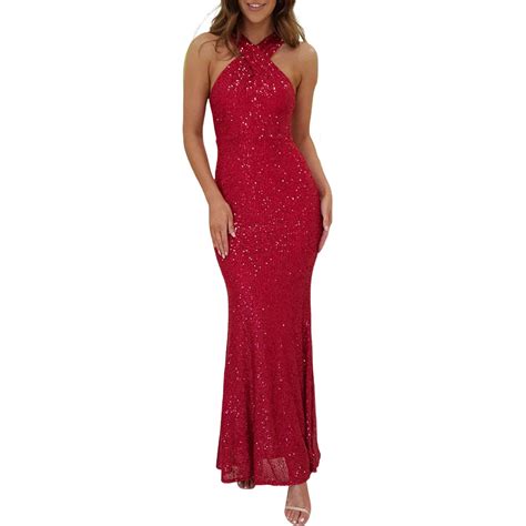 TNOBHG Ball Gown Women Evening Dress Shiny Sequin Halter Neck Backless