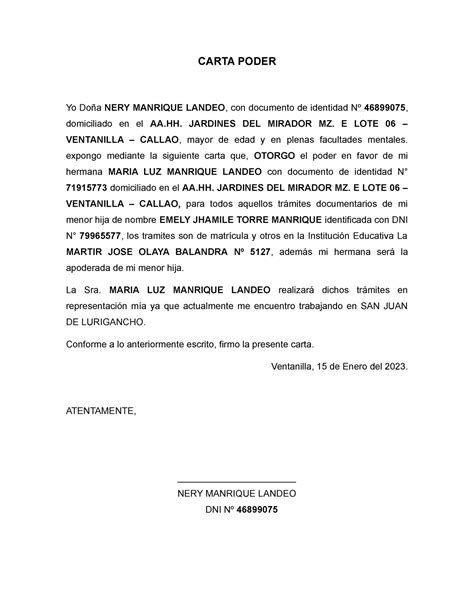 Carta Poder Carta Poder Yo Doña Nery Manrique Landeo Con Documento