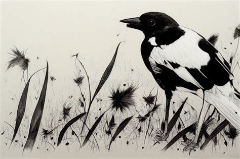 Black And White Magpie Perched On Grass Covered Field Generative AI