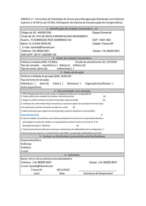 Anexo E1 PLANILHA PARA SISTEMA FOTOVOLTAICO CPFL ANEXO E