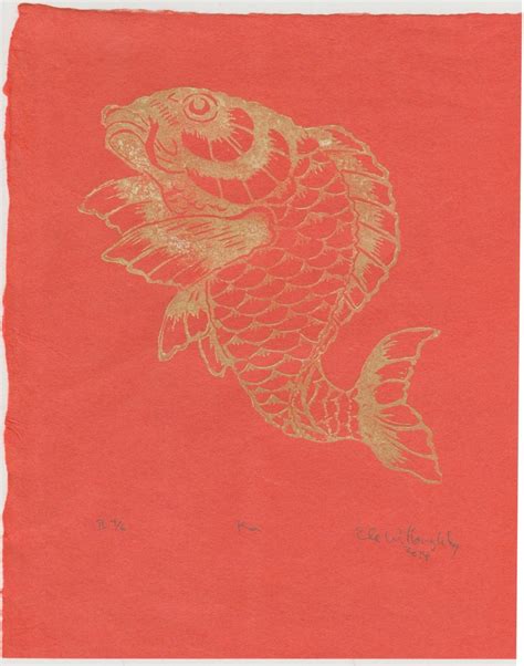 Koi Print Lino Block Koi Fish Or Carp Print On Lovely Orange Etsy Canada