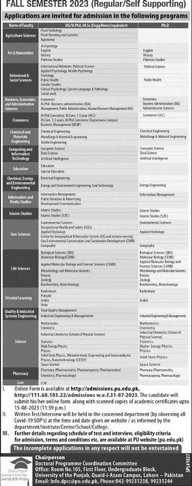 University Of The Punjab Pu Phd Admission