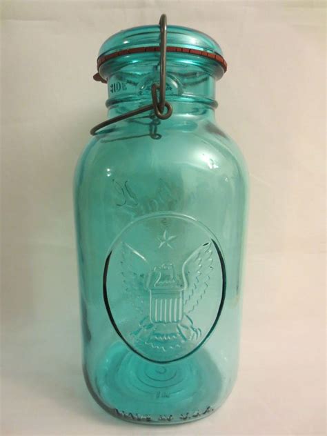 2799 Vintage 2 Quart Blue Green Ball Canning Jar With Eagle