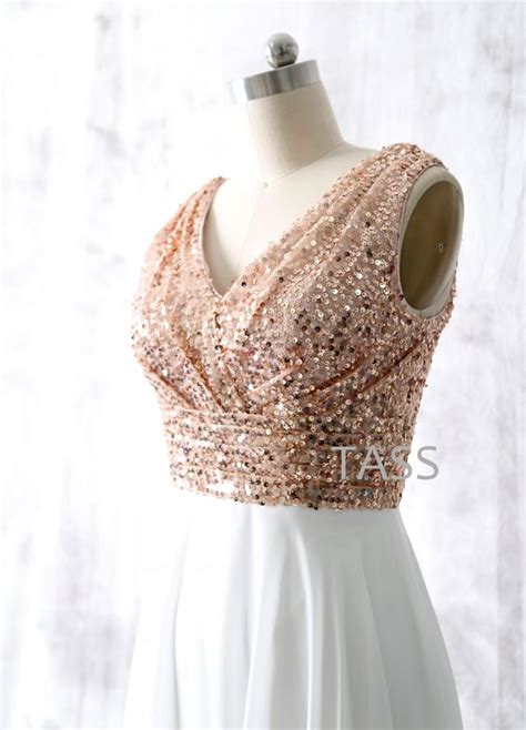 Sequin Chiffon Bridesmaid Dresses Rose Gold Sequin Bridesmaid Gown V